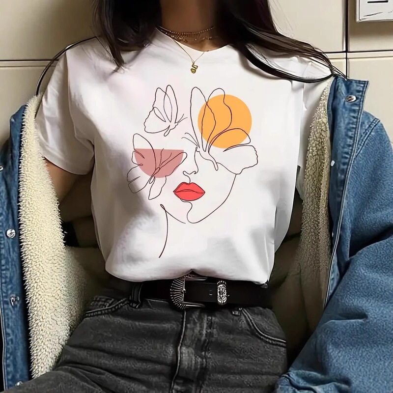 Fashionable Abstract Art Graphic Print T-Shirt Short-Sleeve Versatile Casual Women's Top Spring/Summer Women's Clothing Shein Hot Item