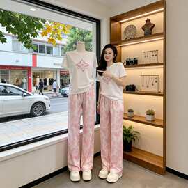 深圳南油套装女夏季独特漂亮绝美韩系气质减龄粉色长裤穿搭一整套