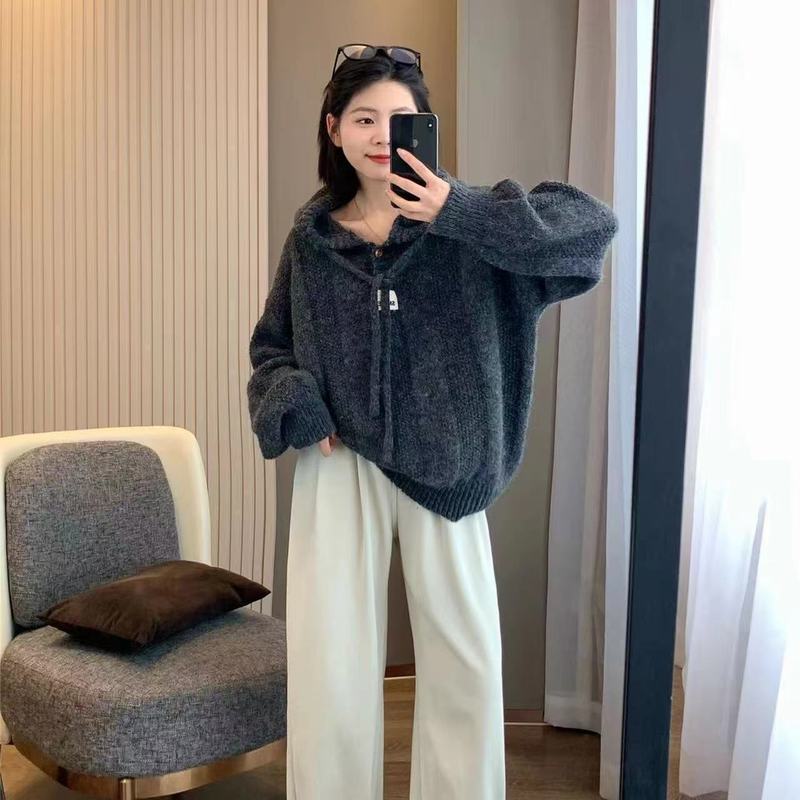 韩版宽松慵懒风连帽毛衣女秋冬2025新款软糯加厚抽绳针织卫衣上衣|undefined