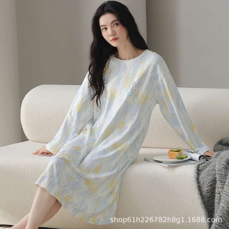 100%纯棉睡裙女长袖韩版甜美卡通宽松简约休闲女新款家居服连衣裙|undefined