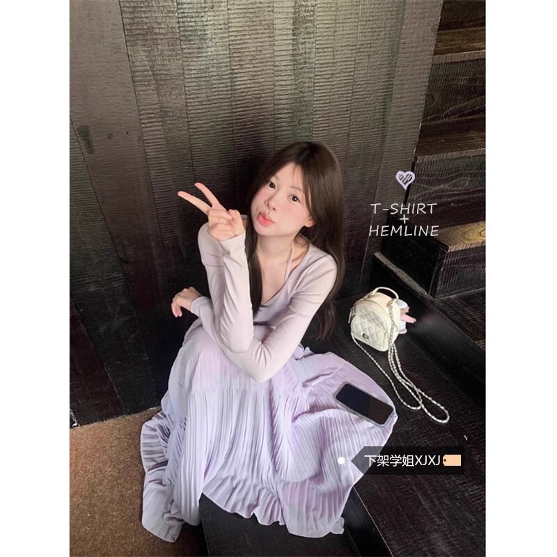 Korean Style Skirt Women's Early Spring Purple High Waist A- Line Skirt Cake Skirt Gentle Style Design Sense Large Swing Mid-Length Skirt
