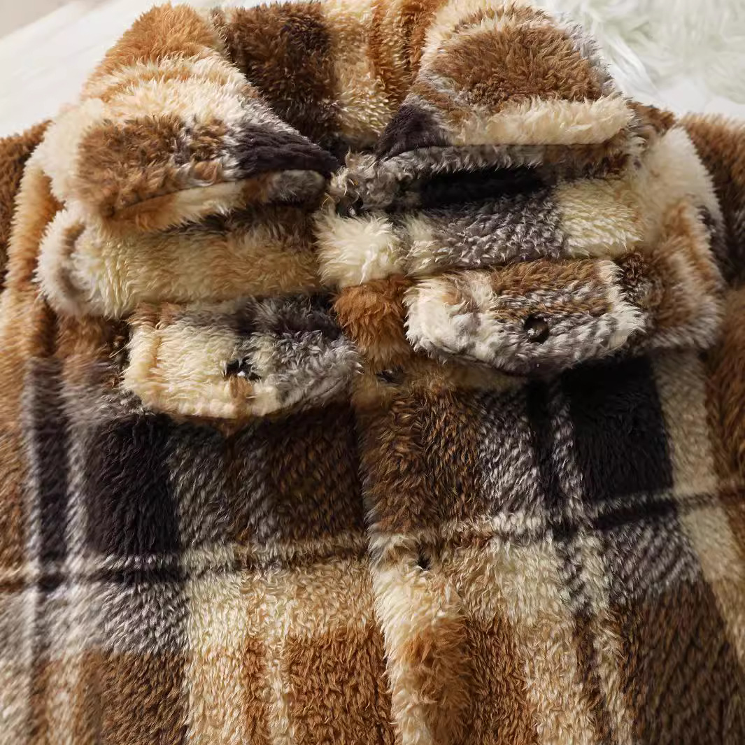 가을 | 겨울 2024 새로운  소년 야외 재킷 양털 모피 옷깃 체크 무늬 코트 머리카락 세대