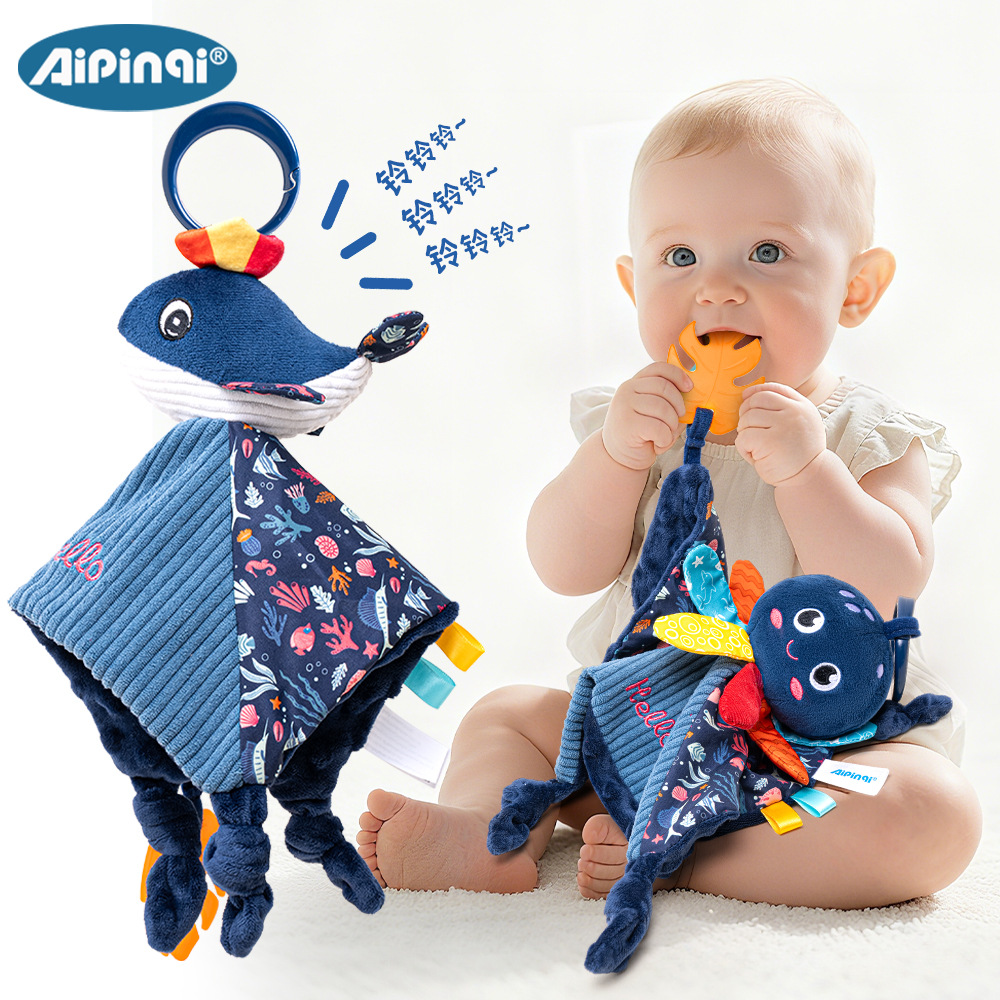Aipinqi azul oscuro mar pacificador toallas con papel de resonancia de dentín pacificador juguetes de peluche para bebés dormir juguetes en stock