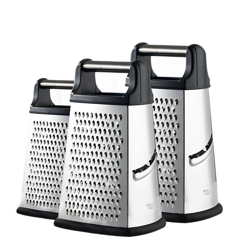 Cuatro lados de acero inoxidable raspador con mango, raspador multifuncional para pepinos, zanahorias, queso, patatas