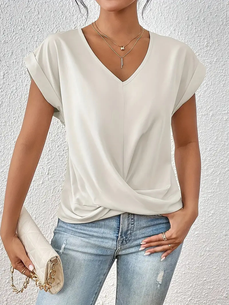 236g Weight Short Sleeve Sleeve Length Spandex, Polyester Fabric Type Long Top Length T-shirt Tops Type Casual, Daily Occasion V Neck Neckline Loose Fit Type Solid Color Pattern Summer Season Women's Gender Casual, Elegant Style Wholesale Women's Spandex Polyester Casual Elegant Solid Color Short Sleeve T-Shirts 无