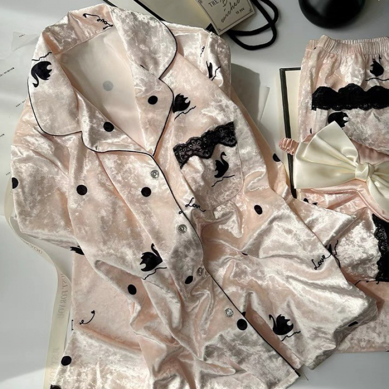 【金丝绒黑天鹅】法式天鹅睡衣女秋冬金钻绒睡衣蕾丝花边丝绒套|undefined