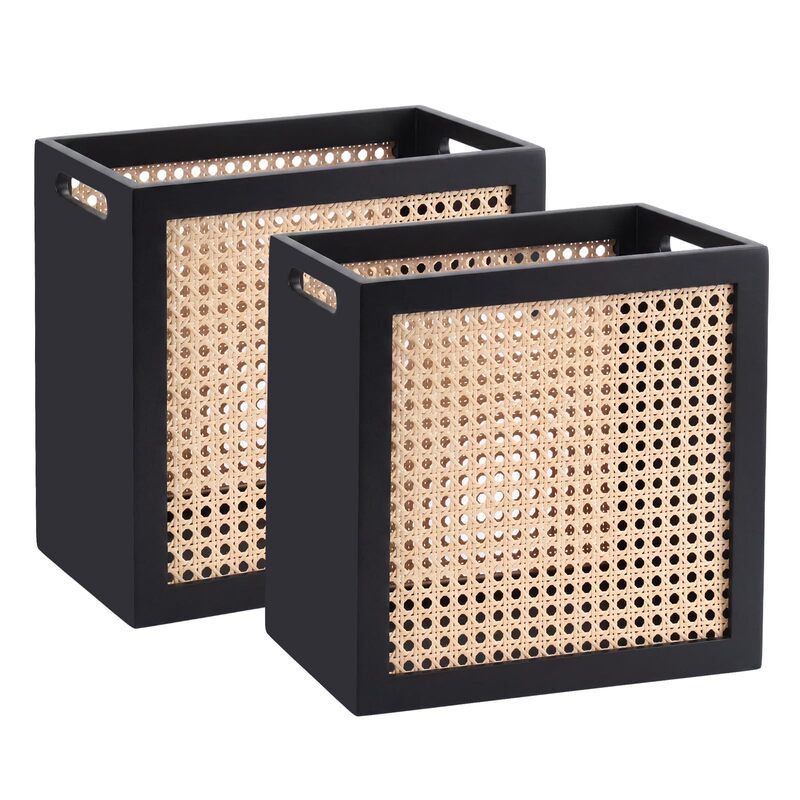 Black lidless wooden storage basket, square miscellaneous organizer basket, home clothing rattan woven solid wood storage basket, trash bin