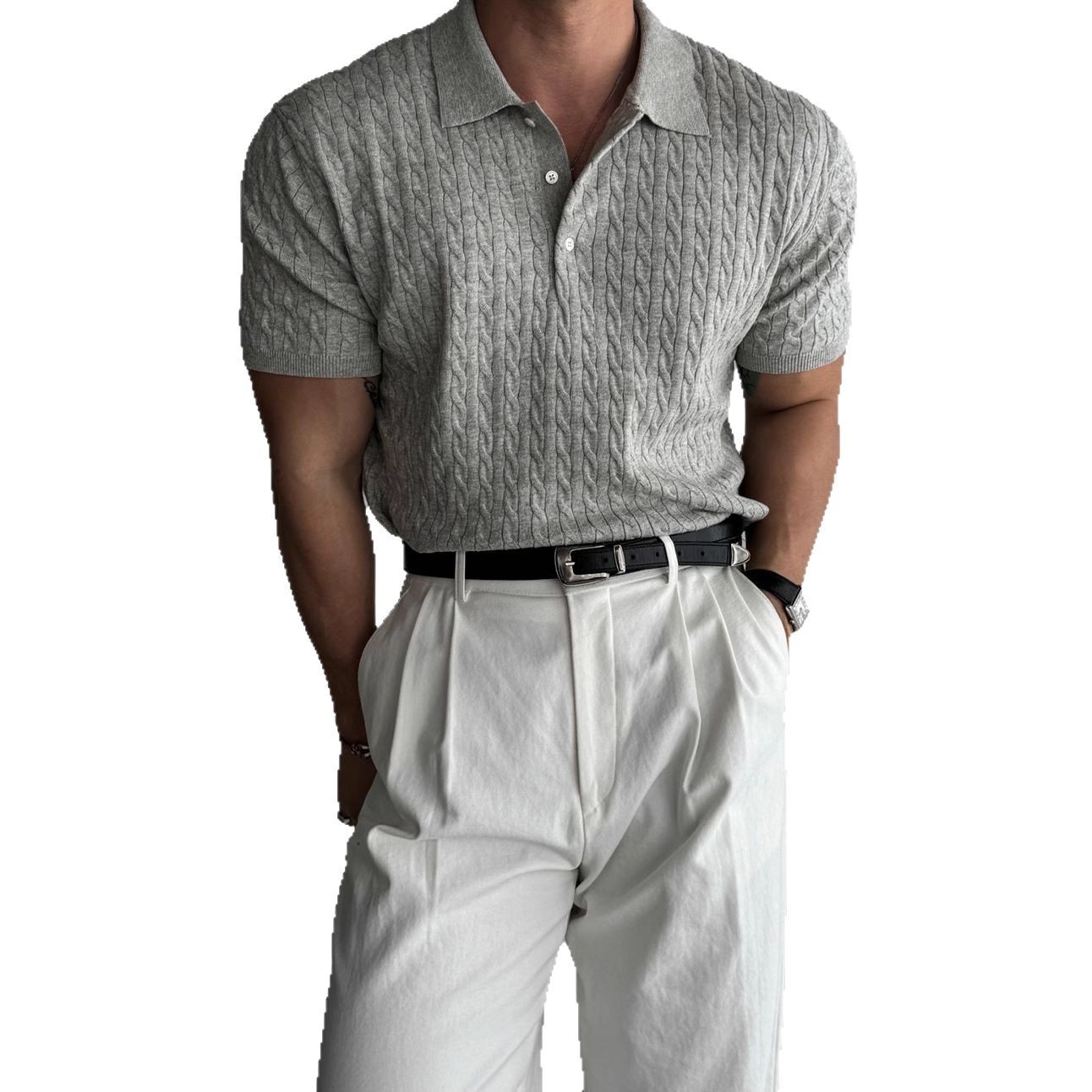 Polo de punto de manga corta con patrón trenzado, camiseta de negocios, venta al por mayor transfronteriza, camisa de hombre de punto trenzado de manga corta sin planchar. image 6