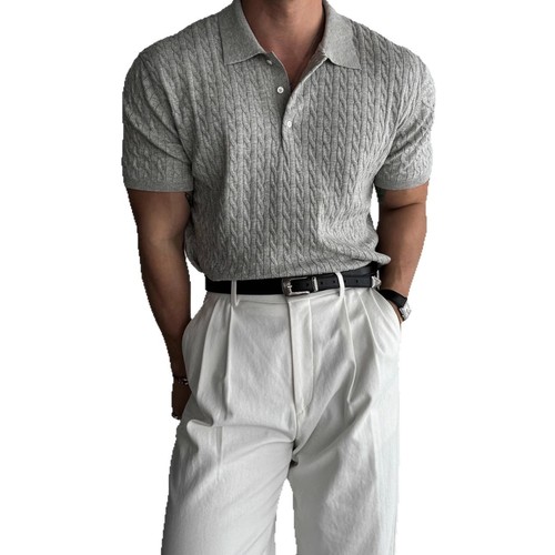 Summer New Men's Crochet Polo Shirt Knit Short Sleeve Collar Slim Fit Business T-shirt Import and Export Cross-border Wholesale