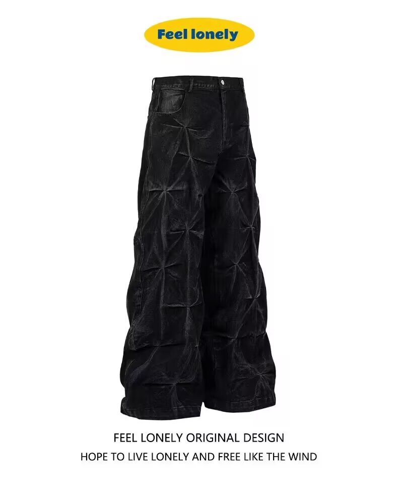 Jeans uomo nero stile retrò con pieghe gamba larga oversize_voghion.com