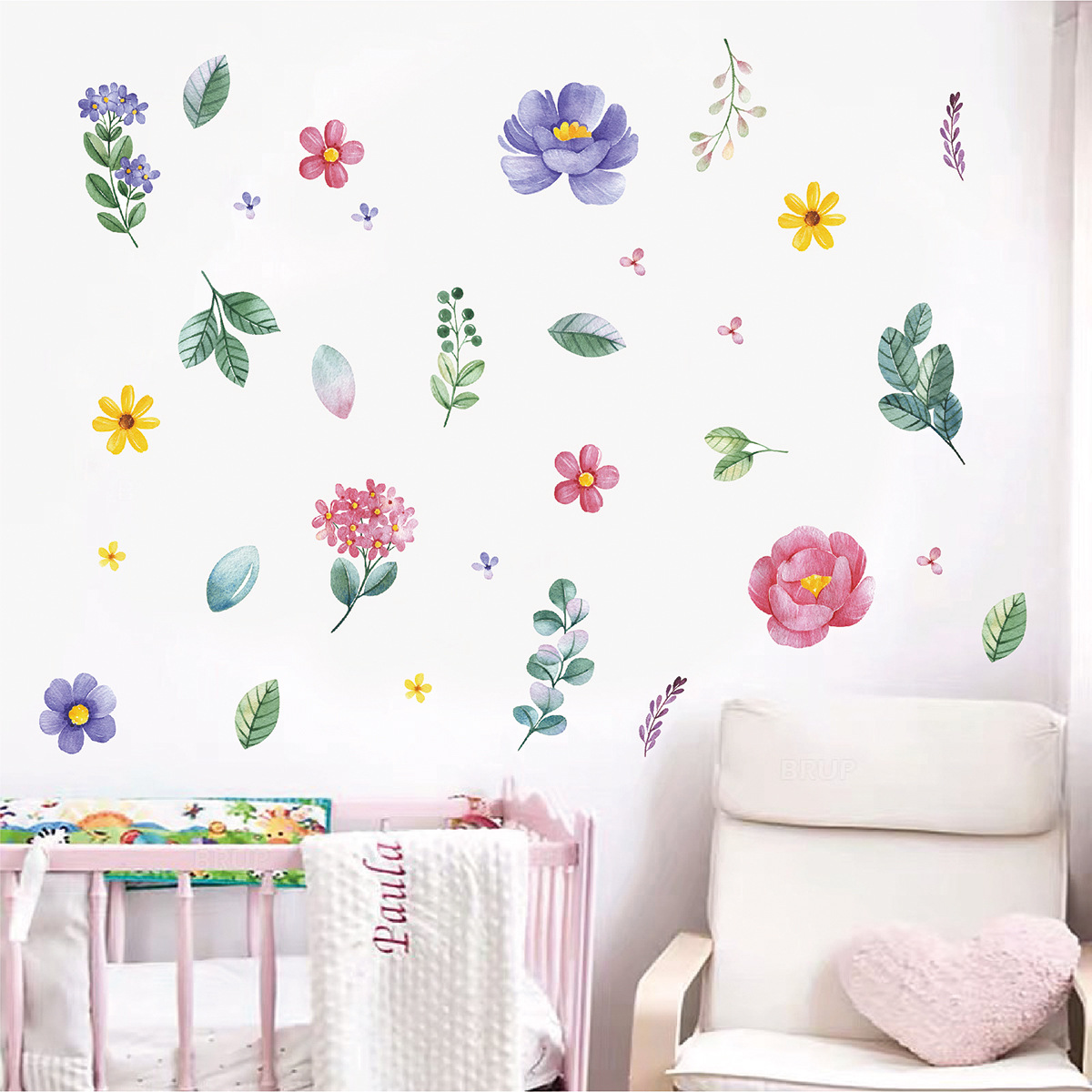 Small flowers green leaves small fresh flower wall stickers ins style living room bedroom background decoration wallpaper self-adhesive PVC stickers