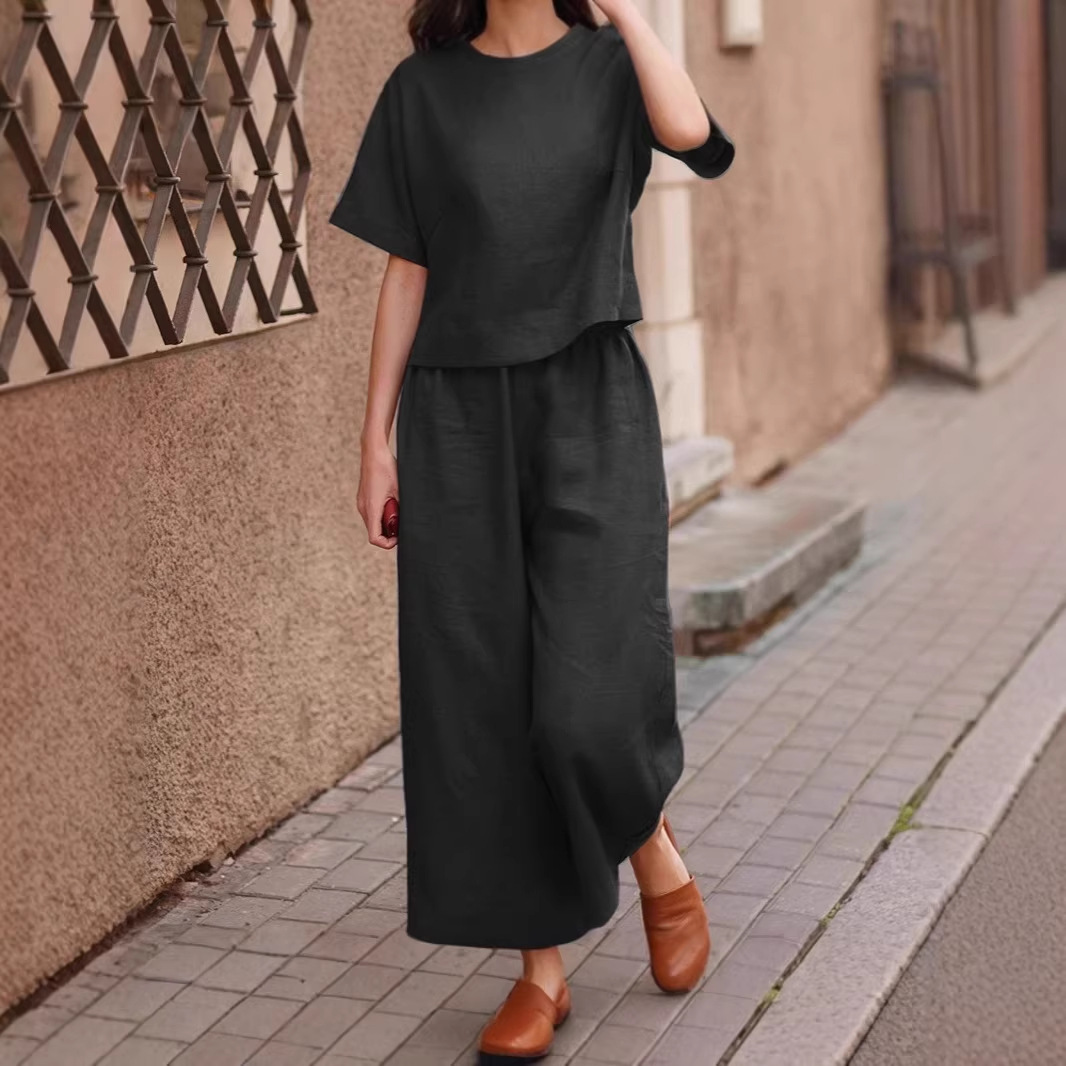 Plus Size Women's Solid Color Short Sleeve Set Loose European American Style Two Piece Women's Clothing Fashion_ecoleips.com