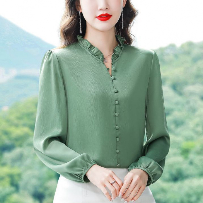 실크 셔츠 여성용 긴팔 2024 봄과 가을 새로운 우아한 뽕나무 실크 셔츠 유행 여성을위한 올 매치 탑