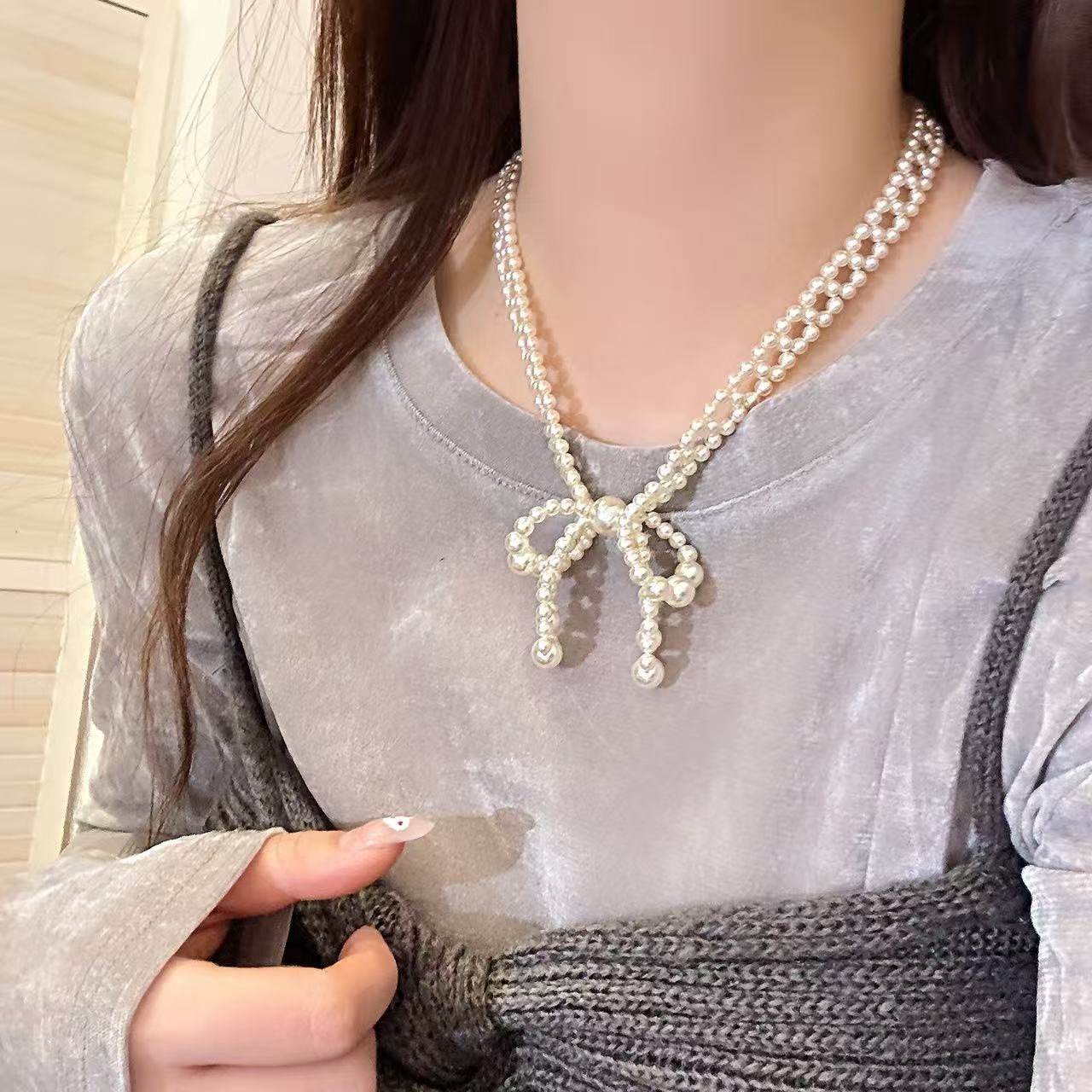 프렌치 리본 진주 목걸이 데일리 쇄골 체인 남녀공용 패션 액세서리
