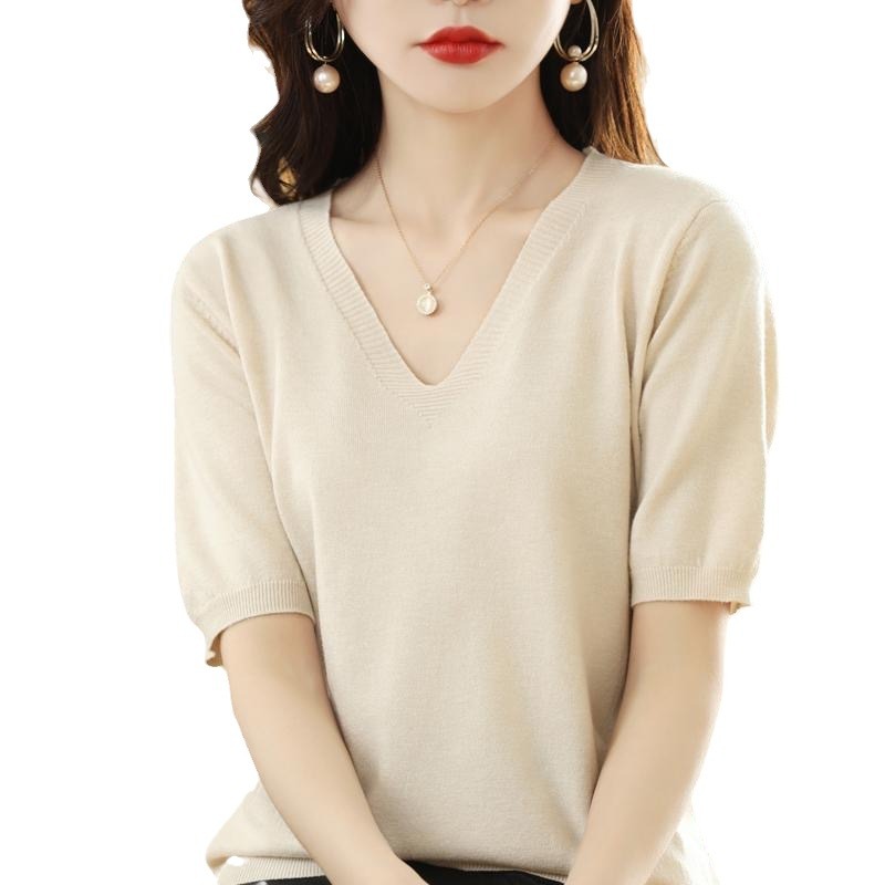 봄과 가을 V 넥 풀오버 스웨터 여자 짠 반팔 티셔츠 여자 새 도착 반소매 느슨한 반소매 올 매치 쇼트탑