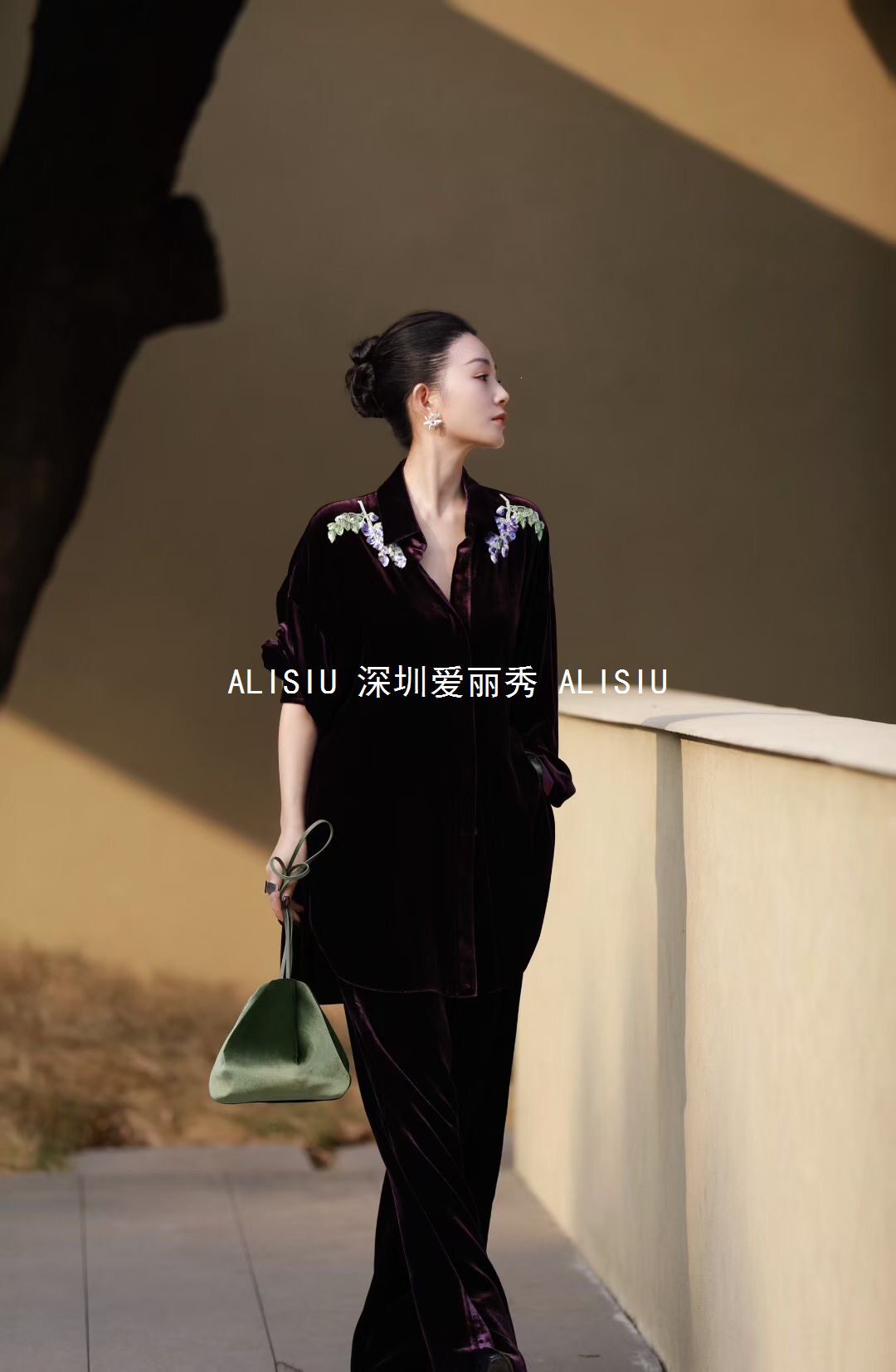 European-Style Silk Velvet Heavy-Duty Indian Silk Embroidery Handmade Grape Embroidery Sequin Shirt + Wide-Leg Long Pants Set