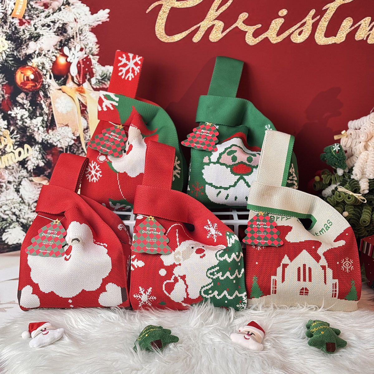 新款圣诞节礼品袋手提针织包平安夜糖果礼物袋手腕包编织袋伴手礼