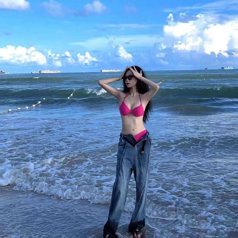 New Beach Vacation PINK Pink Rose Red Bikini Swimsuit Women's Steel Trucked Ins Style Three-point Swimsuit