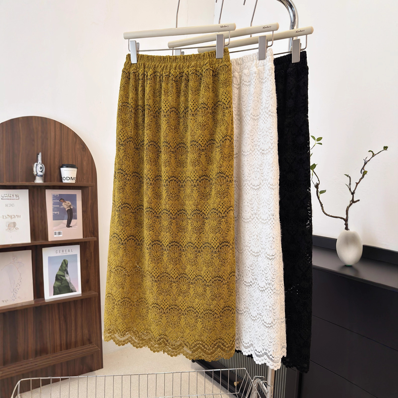 韩系甜美太阳花蕾丝直筒裙时尚百搭松紧腰显瘦镂空钩花半身裙9793