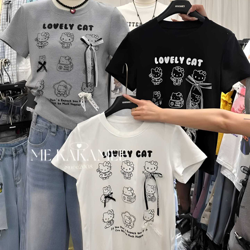 Korean Dongdaemun Summer Style Youthful Cartoon Kt Cat 3D Bow Short-Sleeve T-Shirt for Women, Regular Shoulder Short Top