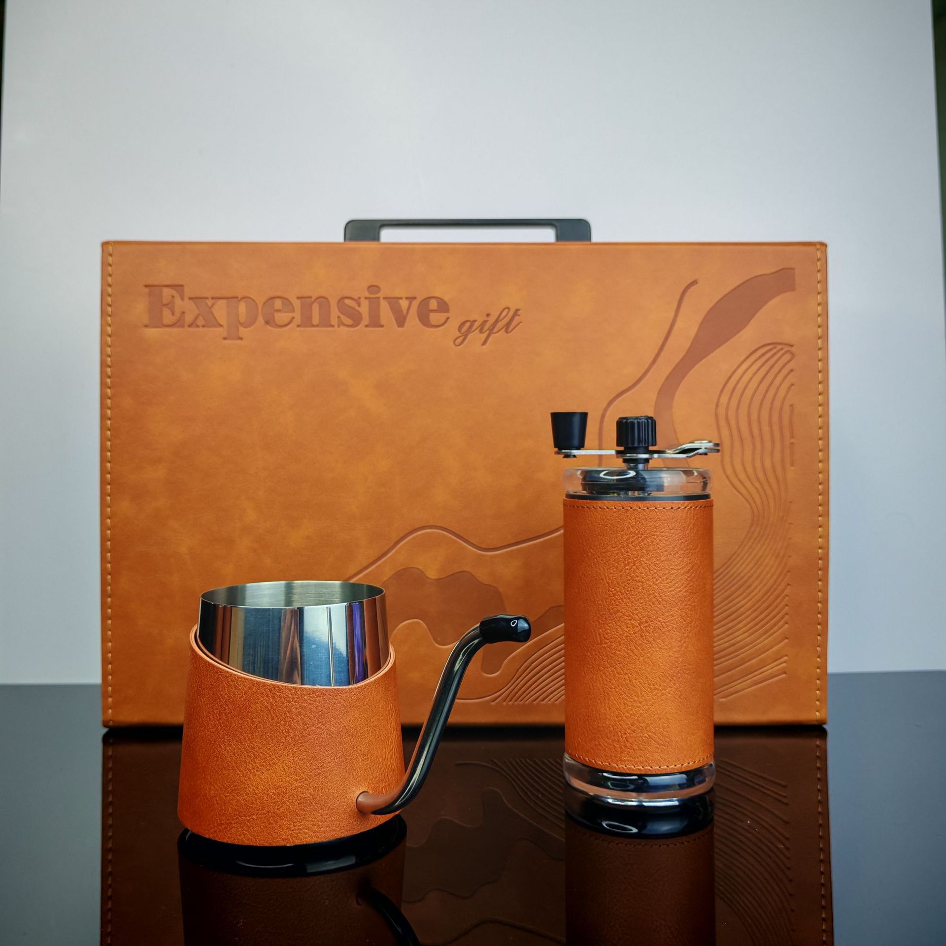 Set de cafetera de lavado de mano, cafetera de café de cuero de alta calidad, caja de regalo de negocios, molinera de frijoles de mano