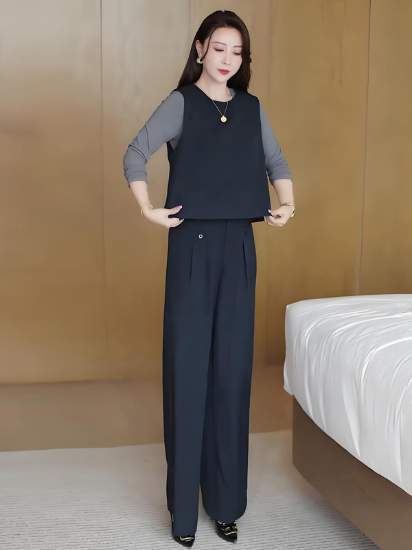 时尚休闲套装女秋装新款洋气显瘦马甲内搭圆领打底衫阔腿裤三件套|undefined