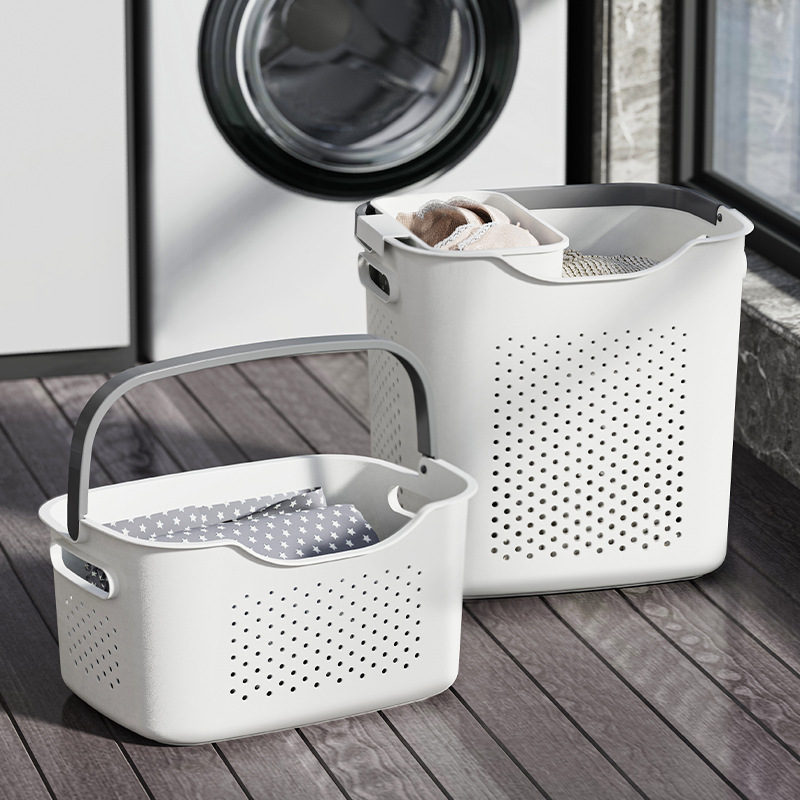 The dirty clothes hamper uses the bathroom laundry basket to place dirty clothes in a designated area for bathing and storage.