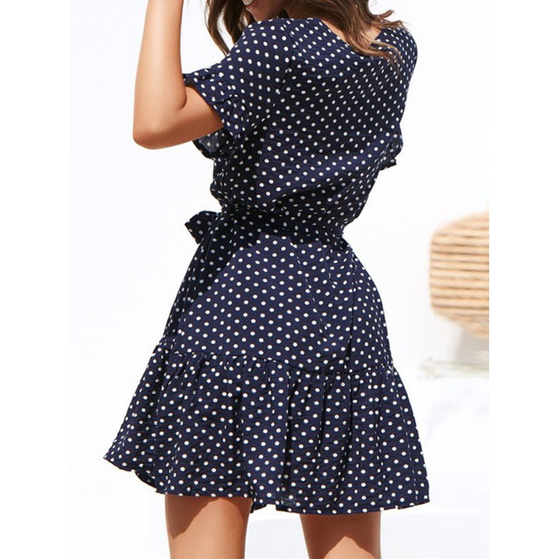 여성 여름 해변 쉬폰 원피스 캐주얼 짧은 소매 폴카 크로스