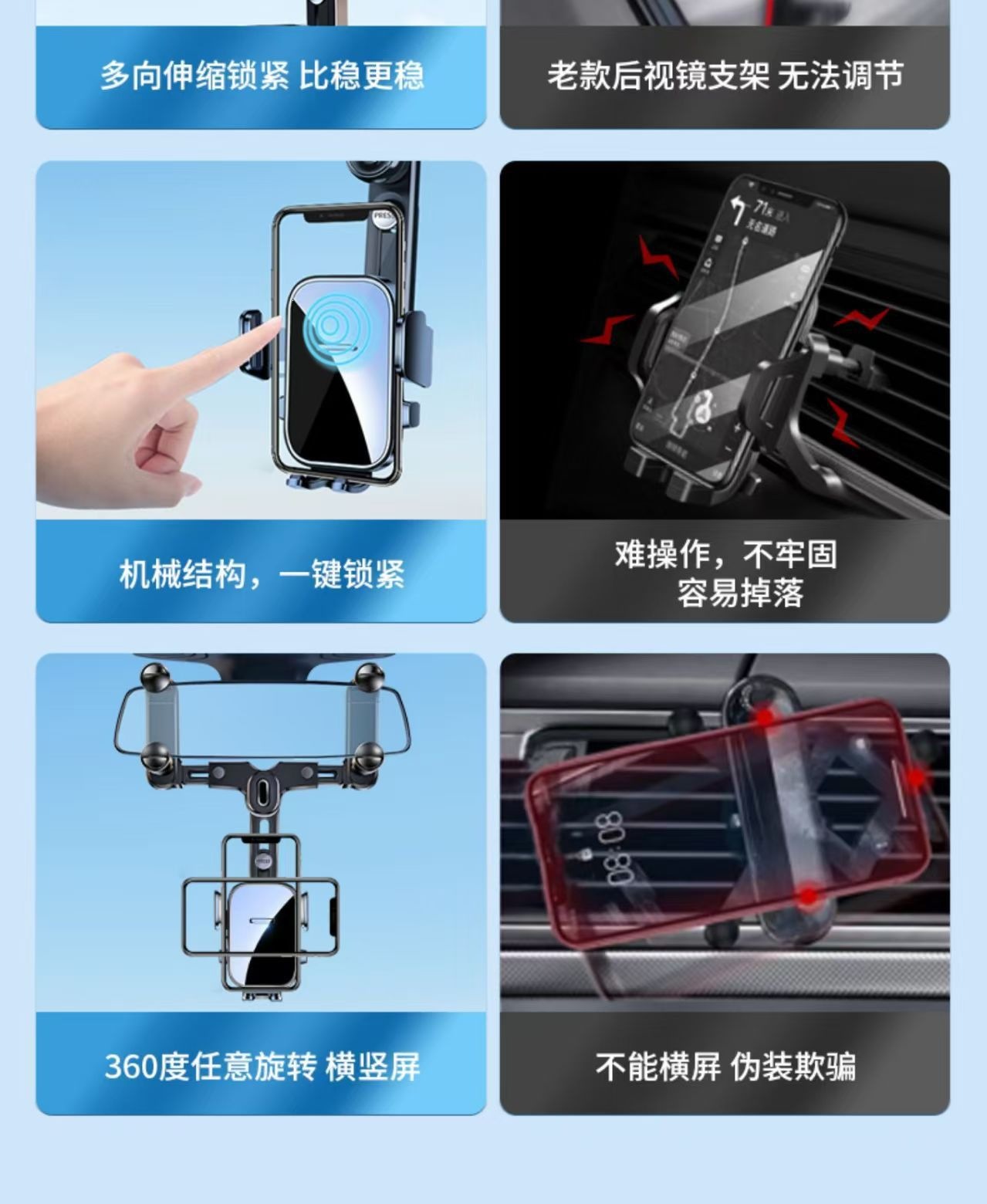 Rearview Mirror Car Phone Holder, Special Clip-On Car Navigation Mount for Interior Rearview Mirror, Anti-Shake and Portable