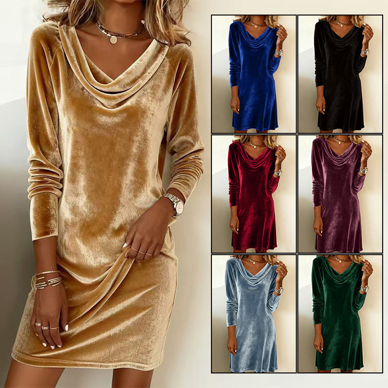 2025 Cross-Border Velvet Dress for Women, Autumn and Winter, Elegant Drape Collar, Slim Fit, Flattering, Elegant Velvet Mid-Length Dress 2025 Cross-Border Velvet Dress for Women, Autumn and Winter, Elegant Drape Collar, Slim Fit, Flattering, Elegant Velvet Mid-Length Dress
