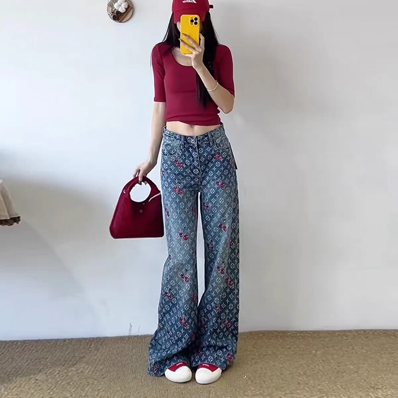 新款樱桃刺绣宽松牛仔裤女夏季高腰显瘦阔腿裤长裤|undefined