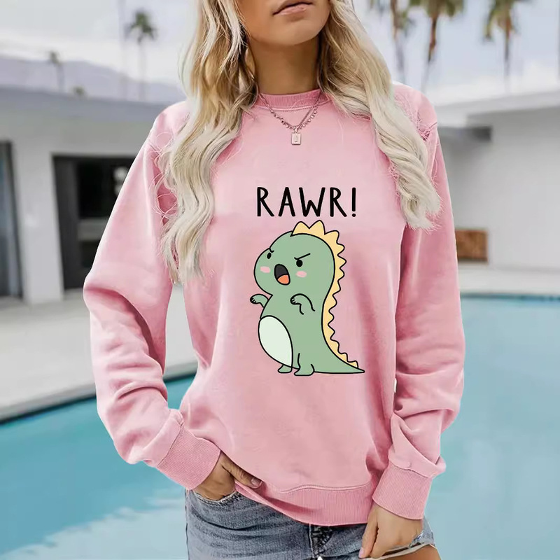 Cross-border autumn and winter women's casual long sleeve round neck RAWR cartoon dinosaur printed pullover sweatshirt sweater wholesale
