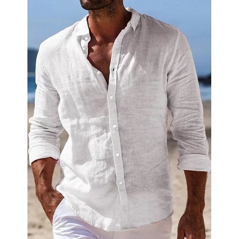 Cross-Border New Foreign Trade Men's Cotton and Linen Lapel Beach Shirt Long-Sleeved Solid Color Hawaiian Holiday Clothing Men's Long-Sleeved