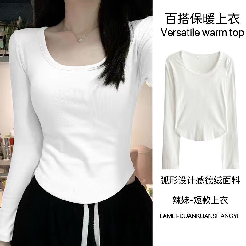 TikTok Autumn and Winter Thick Fleece Square Collar Long-sleeved T-shirt Women's plus size Slim-fit Inner Warm All-match Base Shirt Top TikTok Autumn and Winter Thick Fleece Square Collar Long-sleeved T-shirt Women's plus size Slim-fit Inner Warm All-match Base Shirt Top