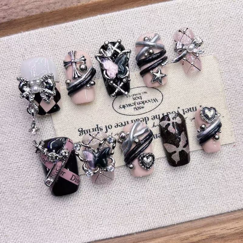 Black Pink Two-Dimensional Lolita Handmade High-End Wholesale Fake Nail Tips, Almond-Shaped Nail Art, Pure Handmade Wearable Nails