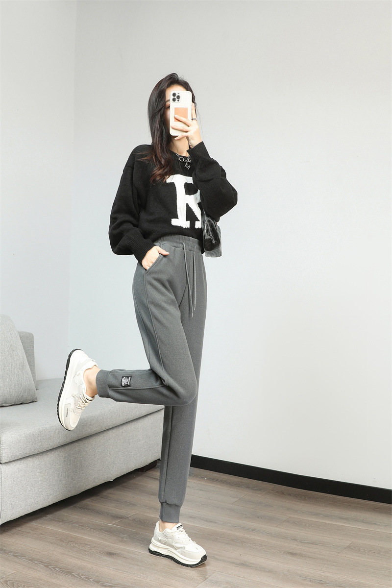 法米姿 羊羔绒运动加绒裤女新款加厚卫裤高腰显瘦束脚休闲裤哈伦