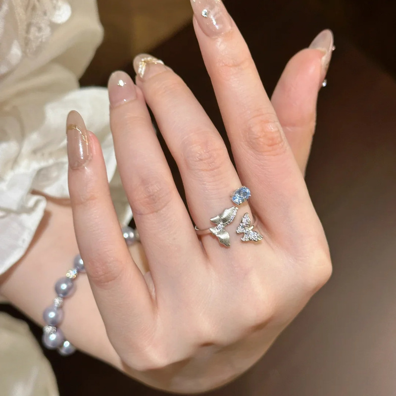 スーパーフェアリーバタフライスプリングエッジブラッシングクラフトバタフライウィングウォータードロップブルートパーズリングツインバタフライコールドスタイルニッチ女性|undefined