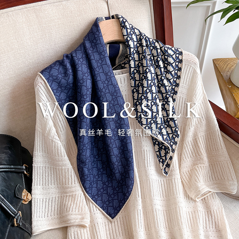High-End Letter Silk Wool Scarf Niche Fashion Versatile Silk Wool Square Scarf Personalized Exquisite Style Silk Wool Shawl