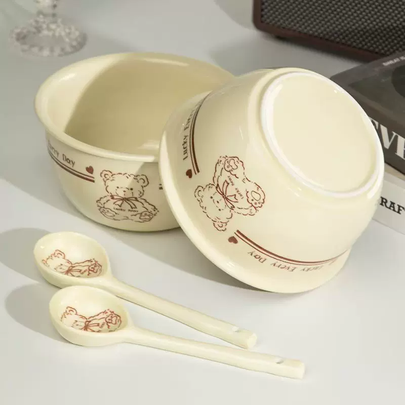 陶瓷碗釉下彩碗两碗两勺一碗一勺家用饭碗高颜值可爱萌新餐具网红