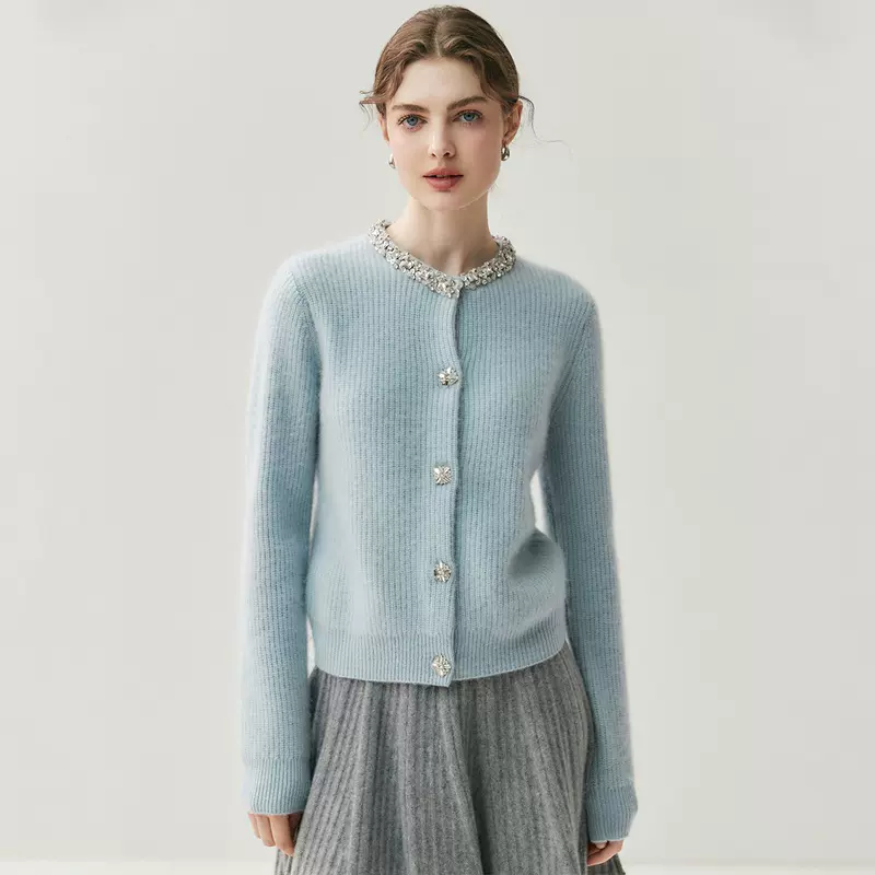 领口镶钻~轻奢风山羊绒开衫女圆领加厚毛衣外套针织衫外穿上衣