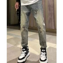 夏季薄款网红牛仔裤男士时尚个性痞帅复古刺绣修身小脚休闲哈伦裤