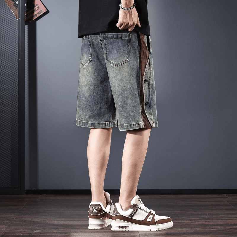 Pantalones de jeans retro estadounidenses para hombres de verano nuevos pantalones de cinco puntos grandes sueltos transpirables marca de moda pantalones casuales