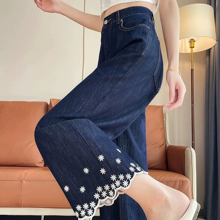 Embroidered Lace Wide-Leg Jeans for Women 2026 Summer Loose Fit for Pear-Shaped Body with 3D Floral Embroidery Denim Cropped Pants Embroidered Lace Wide-Leg Jeans for Women 2026 Summer Loose Fit for Pear-Shaped Body with 3D Floral Embroidery Denim Cropped Pants