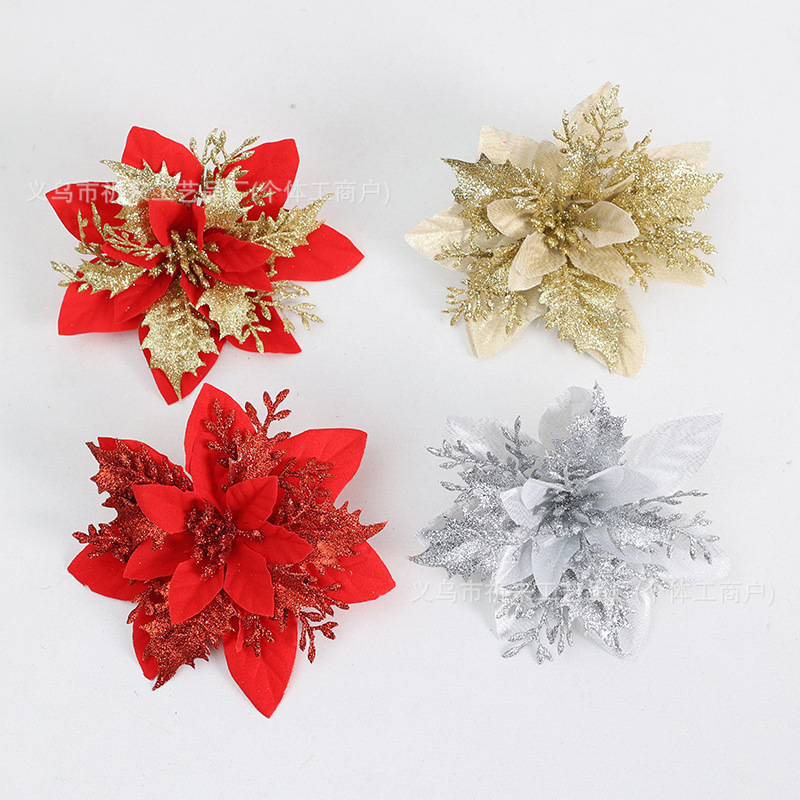 イチイの花頭 クリスマスツリー飾り シルクフラワーヘッド 越境人気商品 模造クリスマスフラワー 二重金粉|undefined