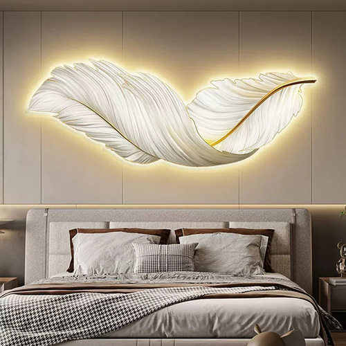 Feather living room decorative painting sofa background wall hanging painting high-end LED light bedroom bedside wall art entranceway light painting