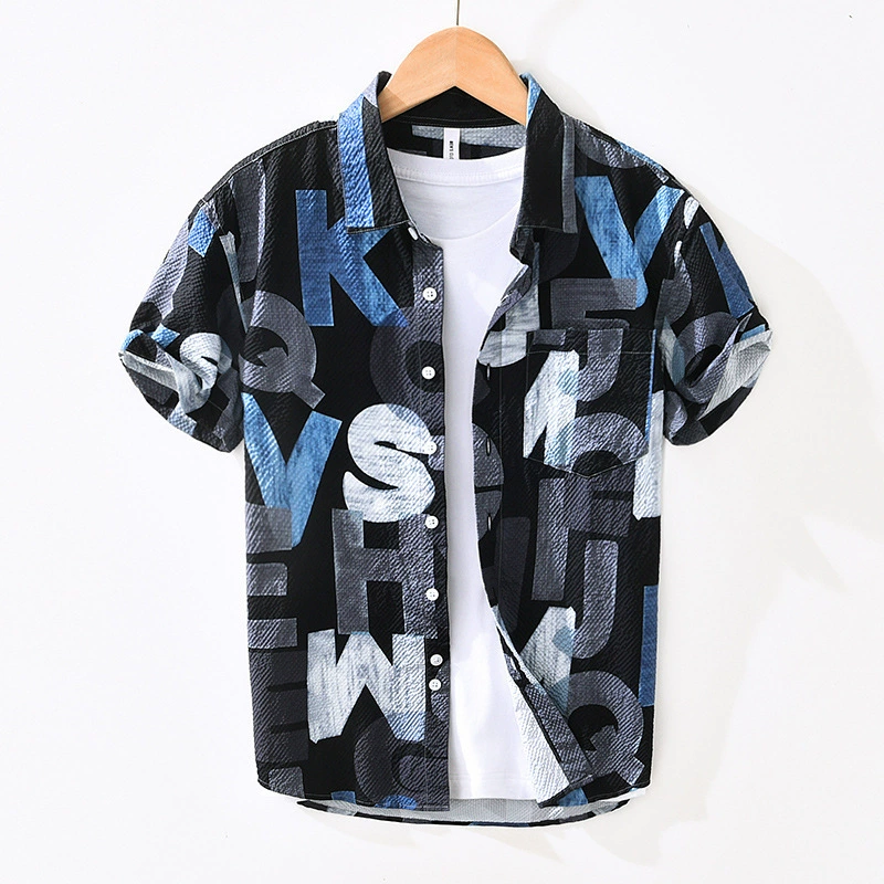 2079 буквенный принт премиум-смысл с короткими рукавами рубашка легкая роскошная свободная повседневная цветочная рубашка