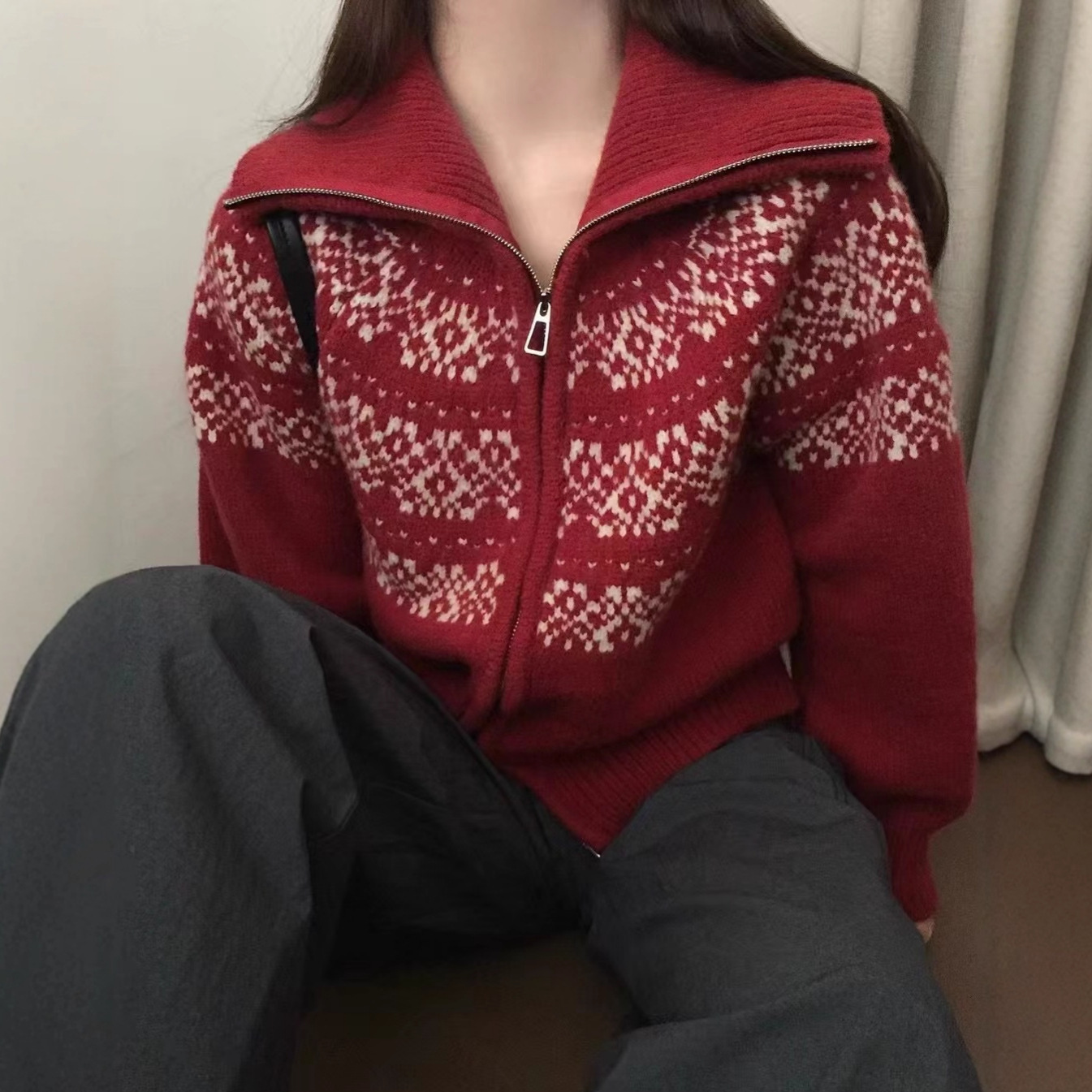 Jacquard coreano cremallera corta de punto cardigan otoño / invierno 2025 nuevo suéter de la isla de Fair chaqueta retro de Navidad