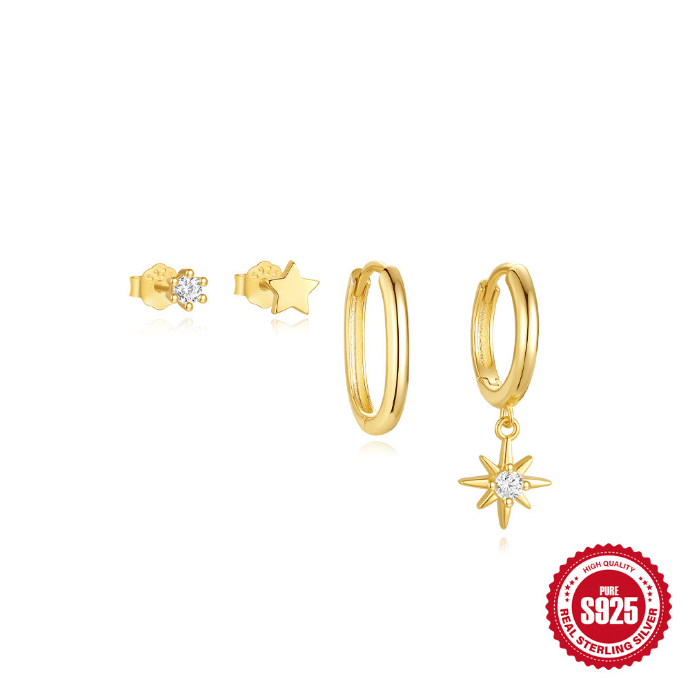 Moda europea y americana estilo ins s925 plata esterlina estrella de ocho puntas básico a juego diario temperamento traje de pendientes de aretes de moda