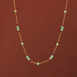 温鉴中古董vintage仿松石纹琉璃酒红撞色外贸串珠钛钢项链锁骨链