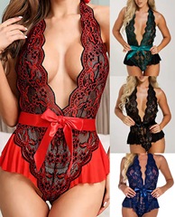 跨境外貿批發歐美情趣內衣性雙色感蕾絲露背花邊拼接吊帶連體套裝